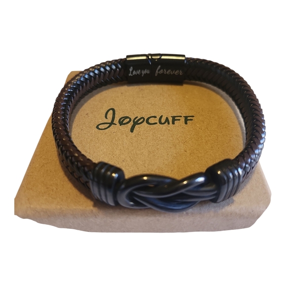 Men's Black and Brown Leather Engraved Braided Bracelet with Infinity Knot - Picture 5 of 12